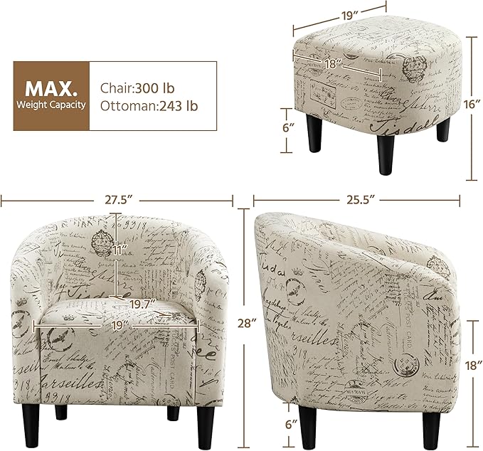 Yaheetech Modren Club Chair with Ottoman Fabric Accent Armchair with Footstool Upholstered Barrel Chair and Footrest for Living Room Bedroom Guestroom Letter Print