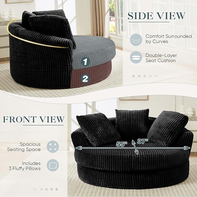 61-inch Oversized Round Chair Modern Accent Corduroy Comfy Deep Seat Boneless Foam Floor Circle Chaise Lounge Sofa Chair with 3 Pillows for Living Room Bedroom Office No Assembly Required Black