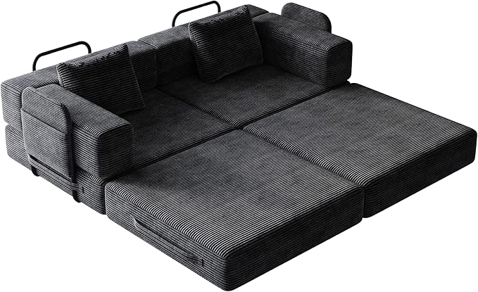 KEIKI 72.4'' Convertible Sofa Bed 2 Seat Corduroy Fabric Sofa with Two Side Storage Pockets and Two Cushions Comfortable Folding Sleeper Carpeted Couch for Living Room Bedroom and Study Black