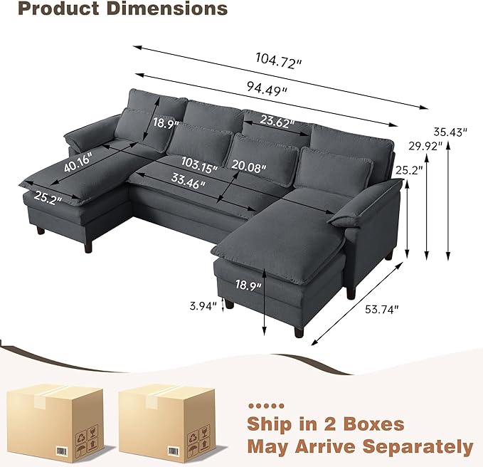 110 Comfy Cloud Couch Sectional Sofa with Lumbar Pillows Modern U-Shaped Cloud Sofa with Double Chaise &amp Deep Seat for Living Room or Office Easy Assembly Dark Grey