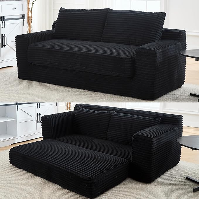 GNIXUU 71 Corduroy Cloud Loveseat Sofa 2 in 1 Convertible Black Boneless Sleeper Sofa with Fixed-Shape Frame Comfy Folding Love Seat Couches for Living Room Apartment Small Spaces