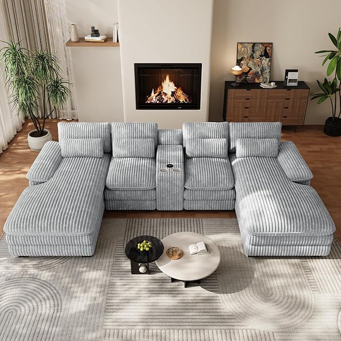 132 U Shaped Cloud Couch SectionalFluffy Plush 4 Seat Corduroy Sectional Couches for Living RoomComfy Corduroy Sofa with Double Chaise Lounge Storage Console Cup Holders USB Port（Grey）