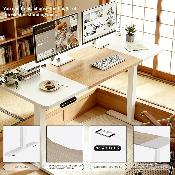 Electric Standing Desk 55 x 24 Inch Height Adjustable Desk Sit Stand Desk with Type-C Charging and Memory Preset Computer Desk for Home Office (Oak + White)