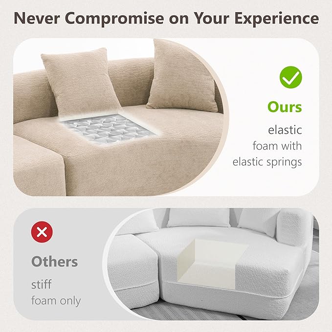 110'' Modern Curved Sofa Sectional Arc 4-Seater Foam Couch Compressed in-a-Box Boneless Cloud Couch with Extra-Deep-Wide Seats in Comfortable Chenille No Assembly Apricot Taupe