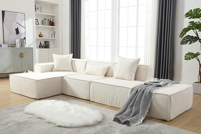 129.5'' Towelling Fabric L-Shaped Modular Sectional Sofa Tofu Block Floor Sofa with 3 Pillows for Living Room (Beige Left-Hand Facing)