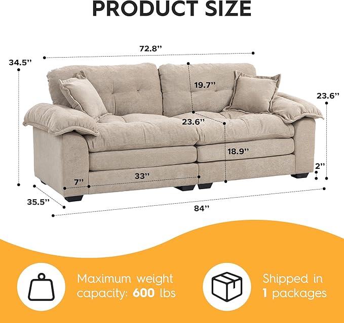 Modern 84 Chenille Loveseat Sofa Ultra-Comfy Upholstered Couch with 2 Pillows for Apartment Living Room Bedroom or Home Office (Oatmeal)