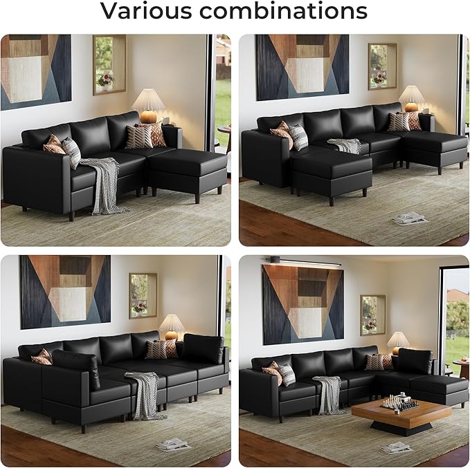 ABCASA Faux Leather Loveseat Sofa Sleeper Bed with Storage Seat 64.6 Modular Sectional Couch Deep Seat with Reversible Chaise 2-Seat Black