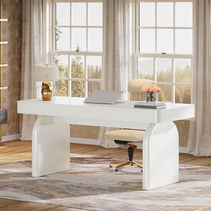 Tribesigns White Desk with Drawers 63-Inch Modern Executive Office Desk Glossy Elegant Work Study Desk Writing Table for Home Office Cream White