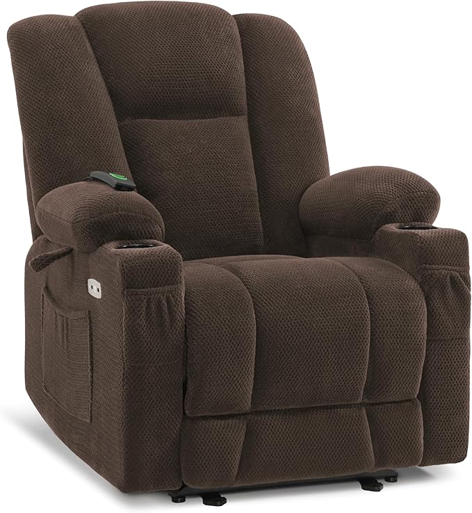 MCombo Zero Gravity Power Recliner Chair with Heat and Vibration Massage Reclining Chair with USB &amp Type C Ports Cup Holders for Living Room Fabric 8015 (Brown)