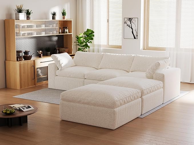 109’’ Cloud Couch for Living Room Boneless Modular Sectional Sofa U-Shape with Ottoman Washable Cushion Cover No Assembly Required White (3-Seat + 2 Ottoman)