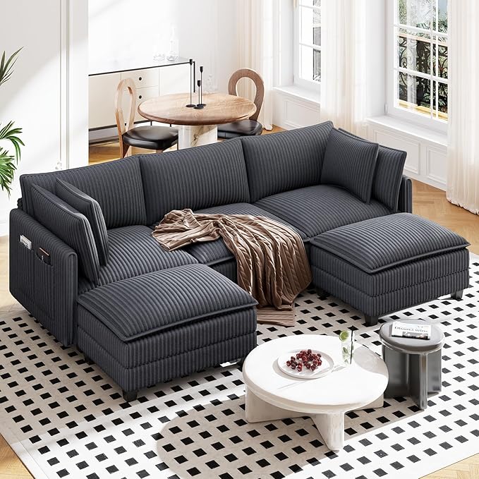 Vesgantti 109 U Shaped Cloud Sectional Sofa Comfy Corduroy Upholstered Sectional Modular Sofas for Living Room Modern Modular Couch with 2 Ottoman Deep Seat Charcoal Grey