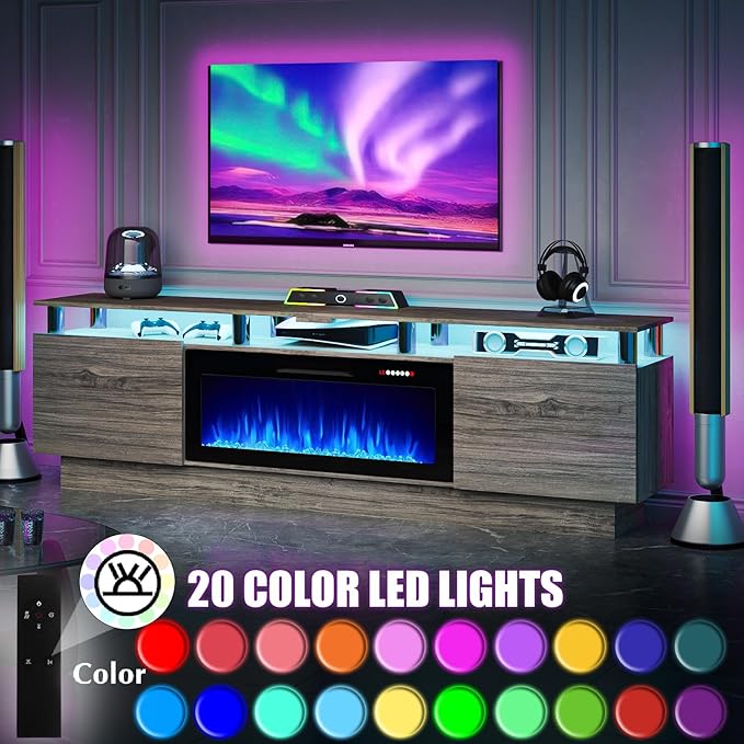 80 Modern Fireplace TV Stand with 36 Electric Fireplace for TVs Up to 90 inch Luxury LED Light Entertainment Center with High Gloss Cabinet TV Consoles for Living Room Grey