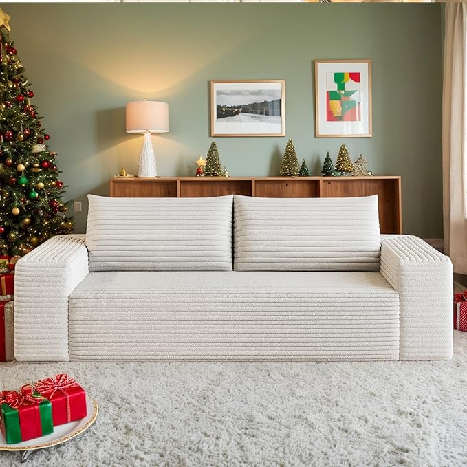 63 Small Cloud Loveseat Sofa in a Box Comfy Corduroy 2-Seater Boneless Couch Modern Deep Seat Sofa for Small Spaces Living Room &amp Apartment No Assembly Required (White 63 inch) | Memory Foam