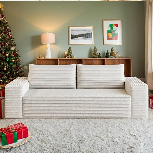 63 Small Cloud Loveseat Sofa in a Box Comfy Corduroy 2-Seater Boneless Couch Modern Deep Seat Sofa for Small Spaces Living Room &amp Apartment No Assembly Required (White 63 inch) | Memory Foam