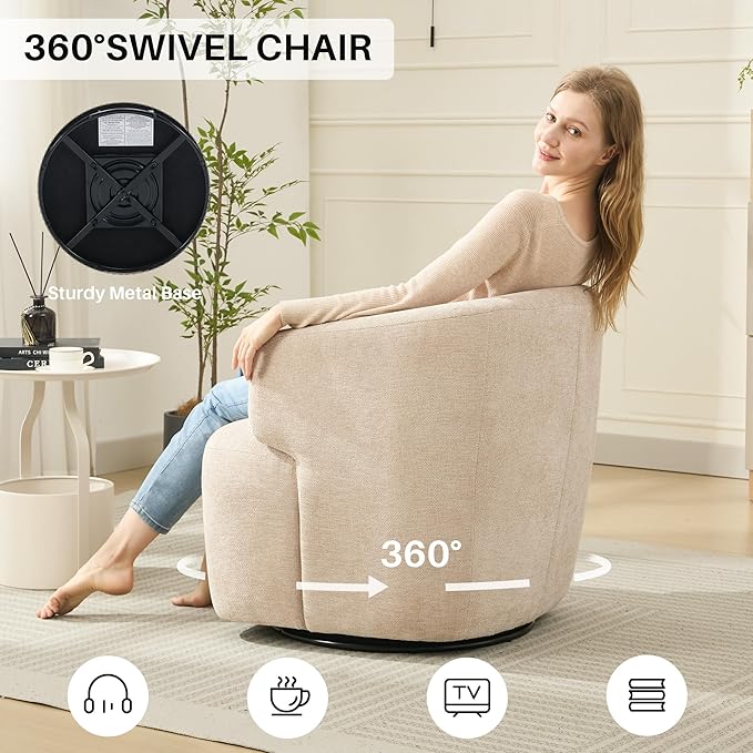 Swivel Accent Chair Chenille Barrel Chair for Living Room Cozy Round Boucle Arm Chair Metal Base for Club Nursery Bedroom Beige