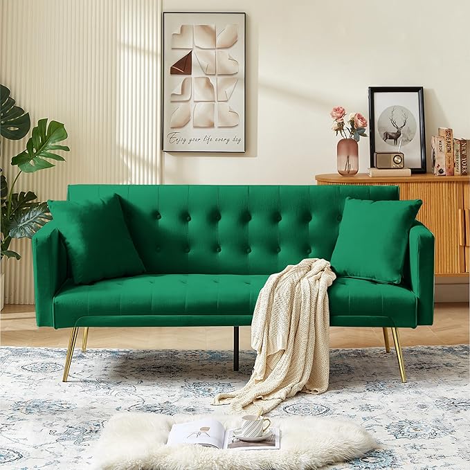 Anwick Modern Velvet Futon Sofa Bed: 72 Satin Convertible 2 Pillows Tufted Back Golden Metal Legs Folding Sleeper Loveseat for Small Space Home Office Living Room (Green)