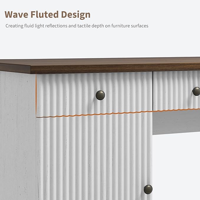 GarveeHome 60 Home Office Desk Fluted Executive Desk with File Drawers Wooden Computer Desk with Charging Station for Study Room
