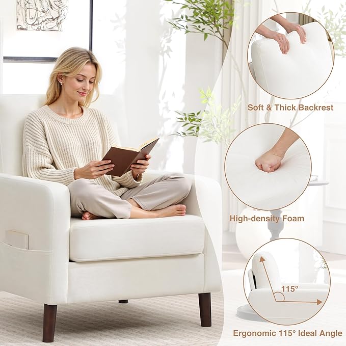 Accent Chair Set of 2 Upholstered Living Room Chairs with Wood Legs and Side Pockets Modern Reading Chair for Bedroom Armchair Single Sofa Side Chair for Office Small Room White