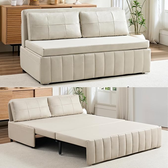 PUREMIND Queen Pull Out Sofa Bed 3 in 1 Convertible Sleeper Sofa Couch with Pull Out Bed Armless Loveseat Sleeper Foldable Couch Bed for Living Room Small Space