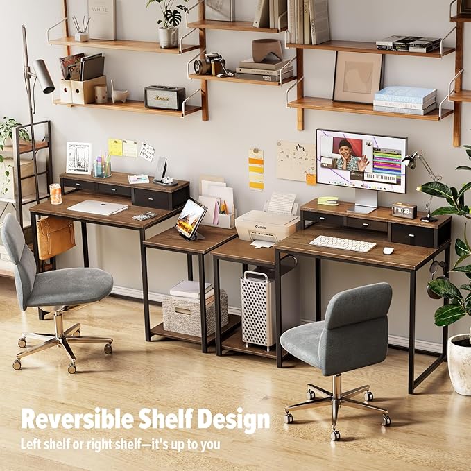 SINPAID 47 inch Computer Desk with Printer Shelf Gaming Desk with Monitor Stand and Drawers Reversible Home Office Desk with Storage Shelves and 2 Hooks Home Workstation for Study Writing Walnut