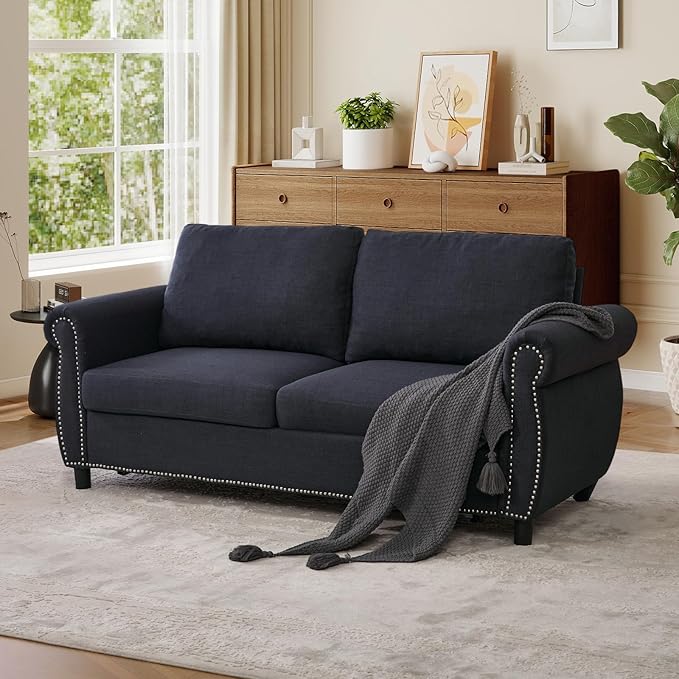 Full Size Pull Out Sofa Bed 3 in 1 Linen Convertible Loveseat Sleeper Sofa Bed with Memory Form Mattress Pull Out Couch with Nailhead Trim &amp Roll Arms for Living Room Bedroom Small Space(Grey)