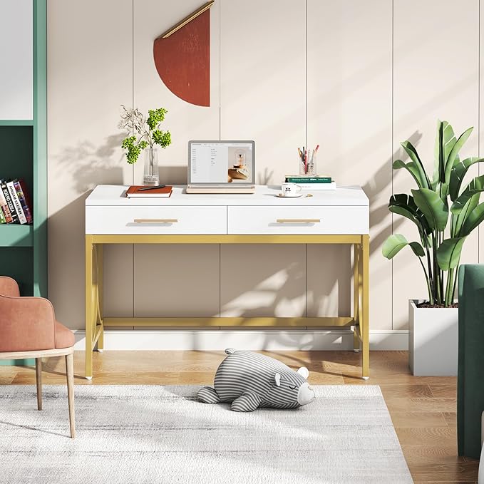 LITTLE TREE 41 Computer Desk with Two Drawers Modern Study Writing Desk with Storage White Makeup Vanity Table Office Desk with Gold Metal Frame for Home Office