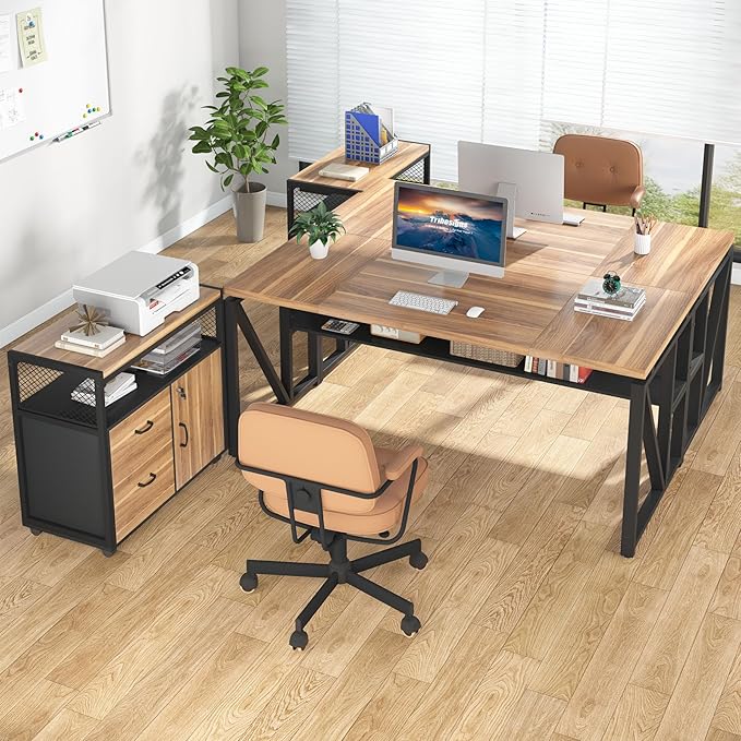 Tribesigns 63 Executive Desk with Reversible File Cabinet Large L-Shaped Office Desk with Drawers Business Furniture Workstation for Home Office