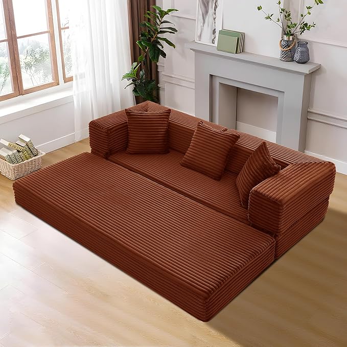 KBQ 3-Seat Convertible Sleeper Sofa Bed with 3 Pillows Boneless Sofa in a Box Corduroy Folding Mattress Couch Floor Sofa Lounge Couch for Living Room Bedroom Lounge Orange