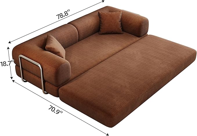 79 Convertible Sofa Bed with Fixed-Shape Frame Corduroy Folding Pull Out Couch No Assembly Modern Boneless Couch Compression Sofa in Box Floor Sofa for Living RoomBrown
