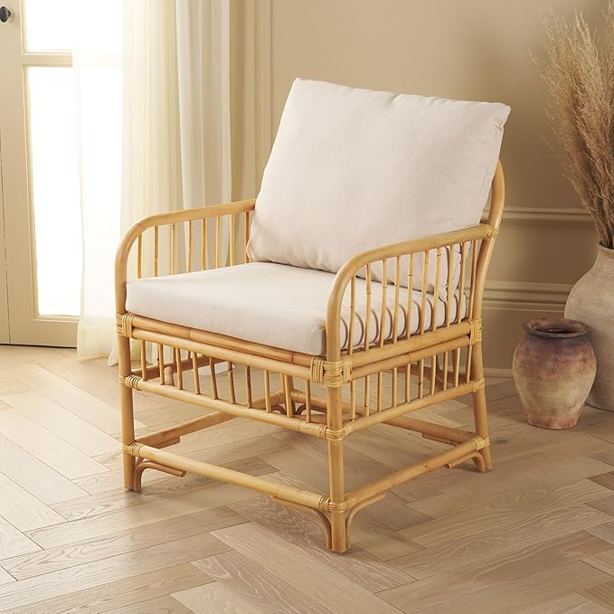 SAFAVIEH Home Collection Reiley Tropical Coastal White/Natural Accent Chair with Cushion (Fully Assembled)