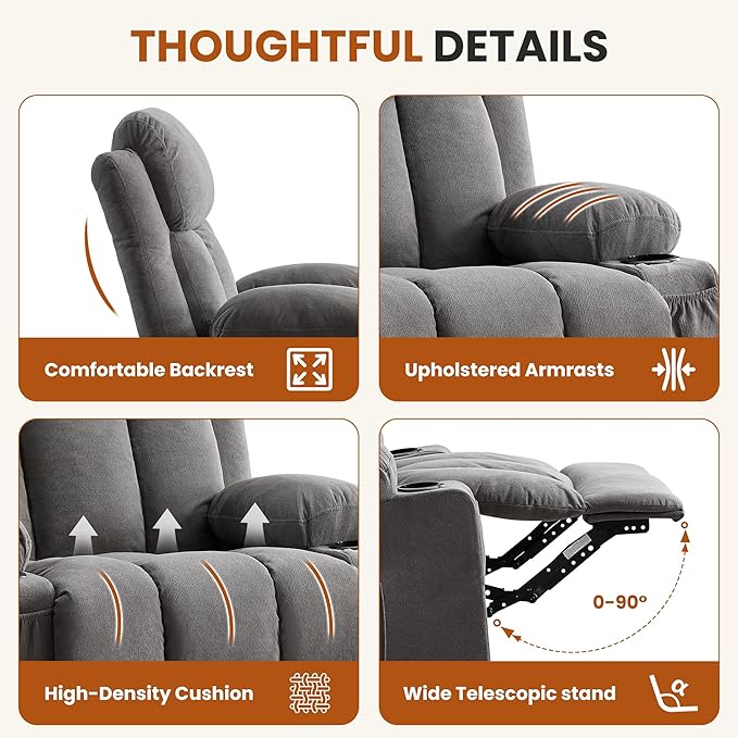 Swivel Rocker Recliner Chair with Vibration Massage and Heat for Living Roomwith Rocking Function and Side Pocket USB Charge Port2 Cup Holders
