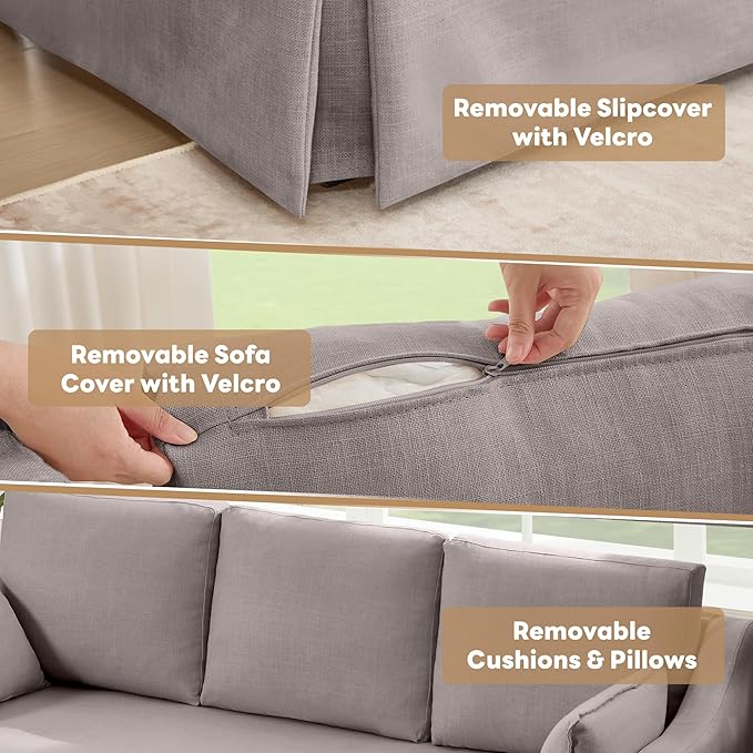 Tbfit 80.7 Slipcovered Couch 3 Seater Sofa Vintage Sofas with Removable Cover Pocket Spring Cushion Mini Couches Living Room Furniture for Home Apartment Farmhouse Gray