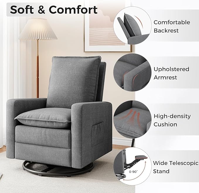 Rocker Recliner 360 Swivel Recliner Chair for Adults Fabric Chair with High Back Adjustable Push Back Overstuffed High-Density Sponge Reclining for Living Room Home Theater Nursery Bedroom