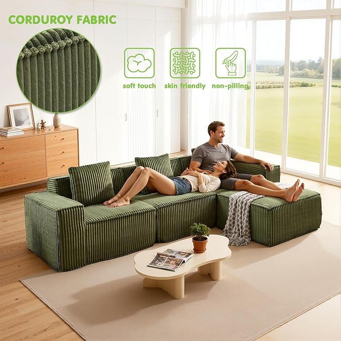 117.6'' Boneless Couch Cloud Couch Sectional L-Shape Modular Sectional Sofa Convertible Corduroy Sleeper Sofa Bed Upholstered Couches for Living Room No Assembly Required
