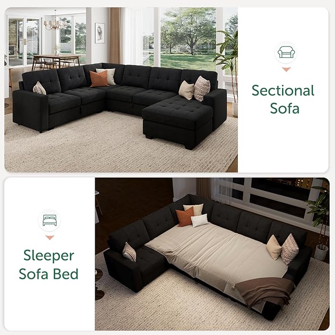 HONBAY Sectional Sleeper Sofa with Pull Out Bed Sleeper Sectional Couch for Living Room Sleeper Sofa Bed with Storage Chaise Velvet Black