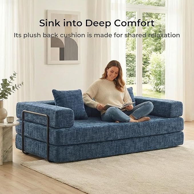 WELAX 77 Convertible Sleeper Sofa Bed Boneless Cloud Queen Futon Couches with 2 Pillows &amp Removable Armrests Chenille Folding Floor Couch No Assembly for Bedroom Living Room Blue