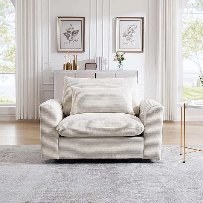 Oversized Modular Sectional Sofa 51 Inch Single Seat Sofa Corduroy Deep Seat Comfy Couch Armchair with Waist Pillow for Living Room Apartment Beige