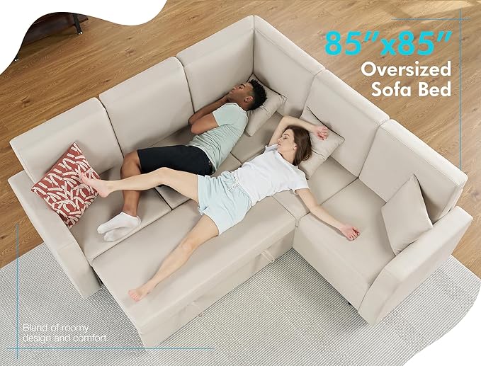 VanAcc Sofa Bed 85 Inch Sleeper Couch with Storage Seat L Shaped Sofa with Pull Out Sofa Bed Sectional Couches for Living Room Apartment Beige Linen Couch Sofa
