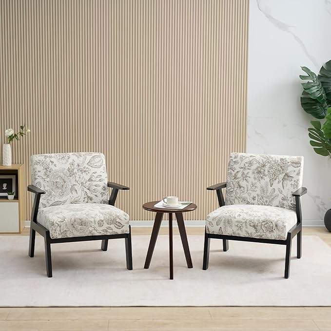 Furniliving Refined Texture Wooden Accent Chair for Living Room Upholstered Embroidery Lounge Chair with Solid Wood Frame Comfortable Reading Armchairs for Bedroom