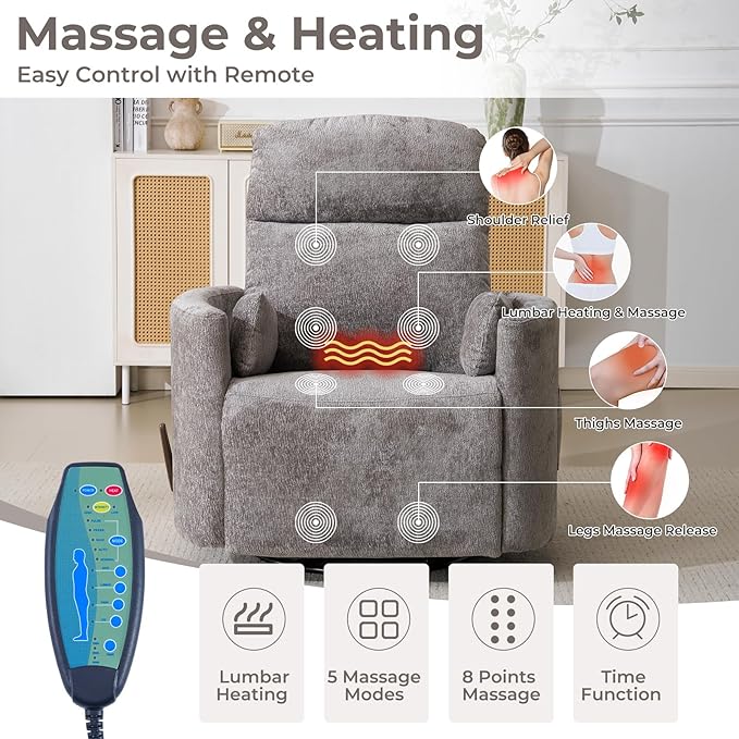 Oversized Swivel Rocker Recliner Chair with Massage and Heat Manual Swivel Glider Rocker Recliner with 2 Bolster Pillows Rocking Nursery Chair with Storage Ottoman  Adjustable Headrest Dark Grey