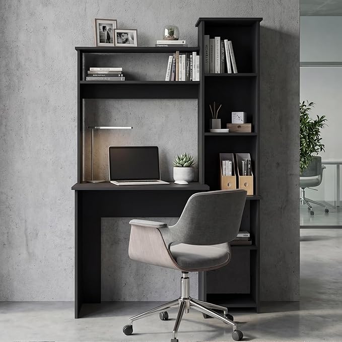 Tuhome Versalles Writing Desk with Two Superior Shelves Five Side Open Storage Compartments Space-Saving Modern Workstation Design for Studios and Offices Ideal for Organization Books