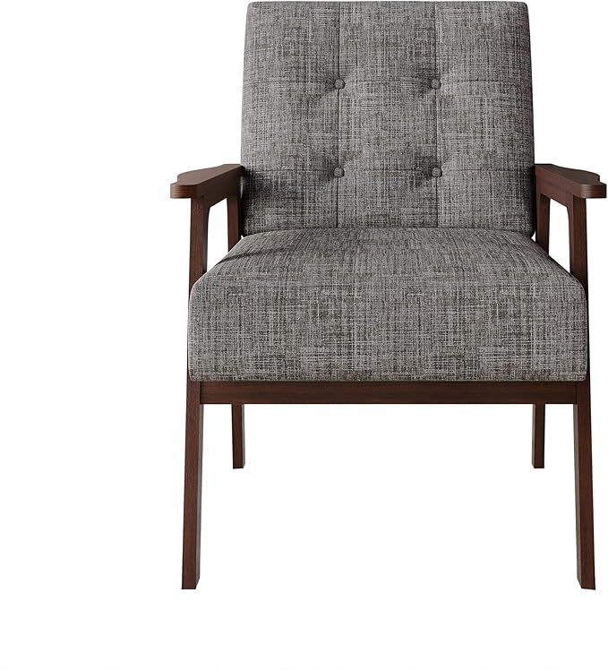 Accent Chair with Button-Tufted Linen Upholstery Wooden Armrests Cushioned Seat Easy Assembly Light Grey