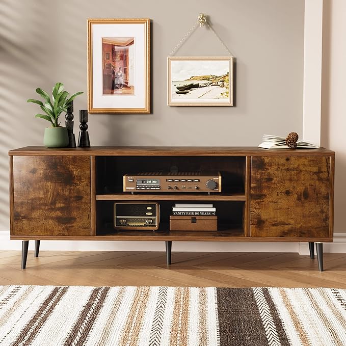 JUMMICO TV Stand for 65 Inch TV Mid Century Modern TV Stand Entertainment Center with Storage Cabinet and Open Shelves TV Console Table Media Cabinet for Living Room and Bedroom (Rustic Brown)