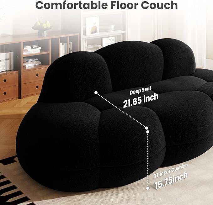 Floor Couch Modern Curved Loveseat Sofa Lazy Sofa Round Floor Sofas Cloud Memory Foam Couches for Living Room Apartment Small Spaces (No Assembly Black)