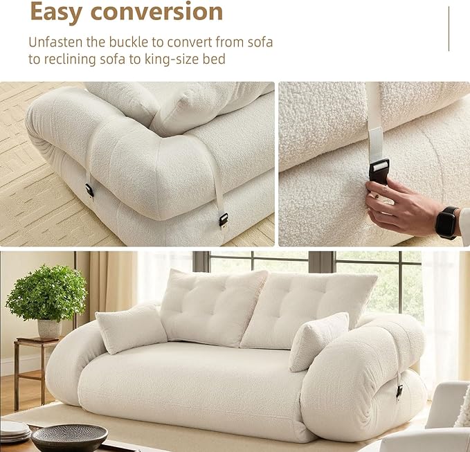 78.7 Folding Sofa Bed3-in-1 DIY Convertible Sleeper SofaTeddy Velvet Couch Bed with ArmrestFoldable Mattress with Back SupportQueen Size Floor Sofa Bed for Living Room Bedroom(Beige)