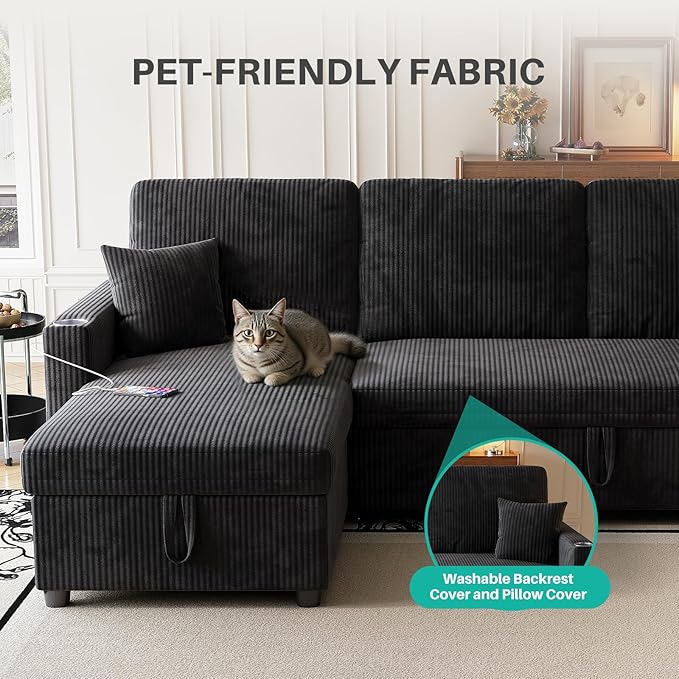 Sleeper Sectional Sofa 83 Convertible Sofa Bed with Pull Out Couches Small Desktop L Shaped Couch with Reversible Chaise Cup Holders USB Modern Corduroy Sofas for Living Room Apartment Black