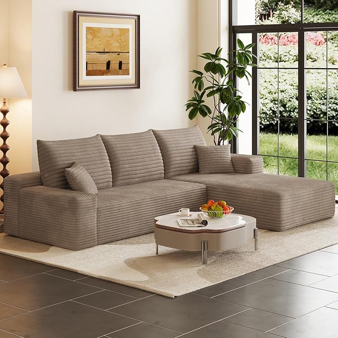 95 Cloud Sectional Couch with L-Shape Chaise Modern Corduroy Boneless Couch for Living RoomMemory Foam Sofa with Deep SeatNo Assembly Required (CamelRight-Facing Chaise)