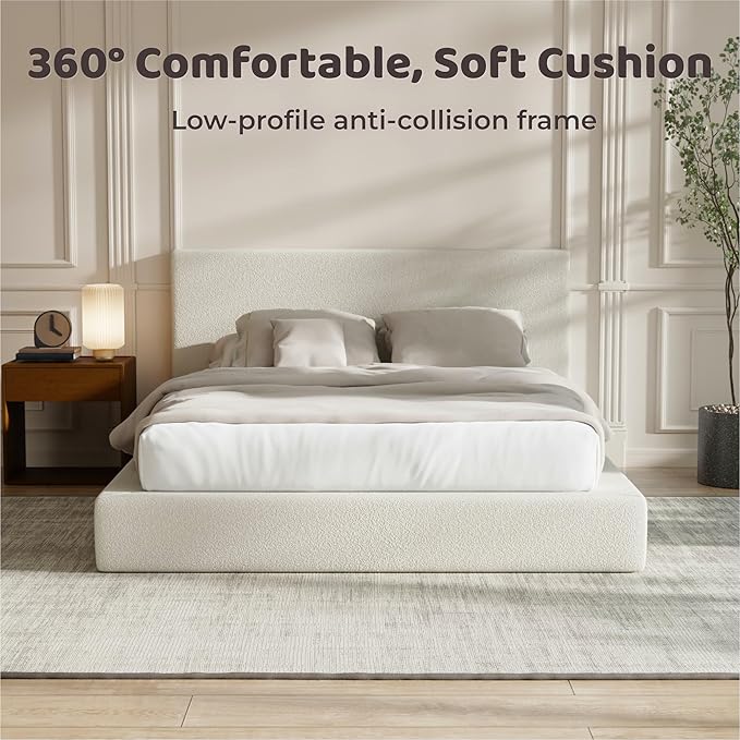 RECCI AirFrame King Size Bed Frame with Headboard Cloud Upholstered Platform Bed Frame 5 Inch Foam Cushioned No Box Spring Easy Assembly(Cream Boucle)