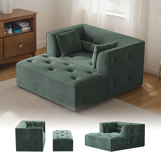 62 Chaise Lounge Chair IndoorDeep Seat Sleeper Sofa Cloud Couch with 3 Soft Pillows and OttomanComfy Cloud Seat for Living Room Apartment Office(Green Chaise Lounge+Ottoman)