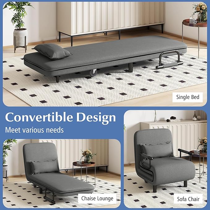 Giantex 26.5 Convertible Sofa Bed Folding Arm Chair Sleeper Leisure Recliner Lounge Couch (Grey)